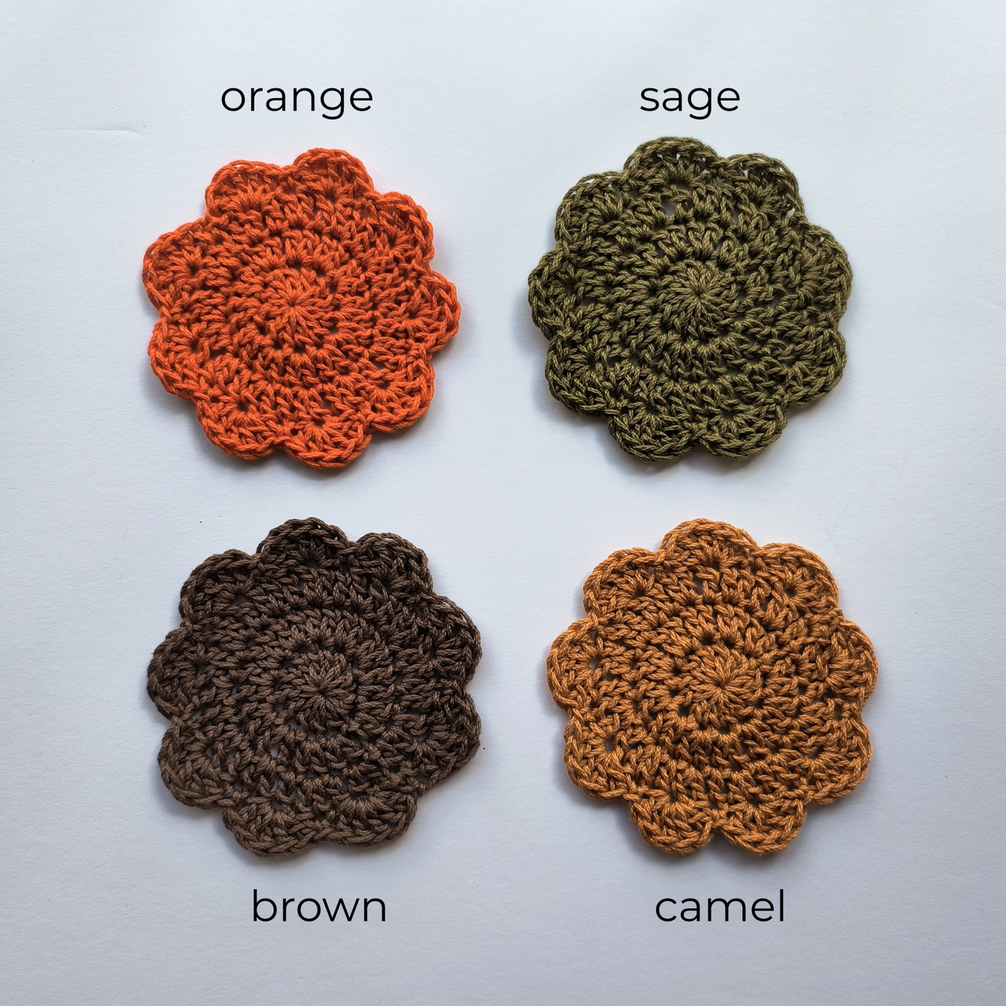 Four coasters with their colors labeled as orange, sage, brown, and camel.